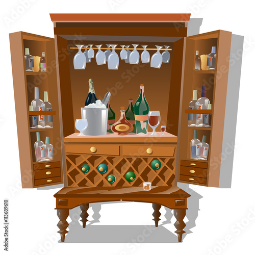 Large cabinet bar with bottles and kitchenware