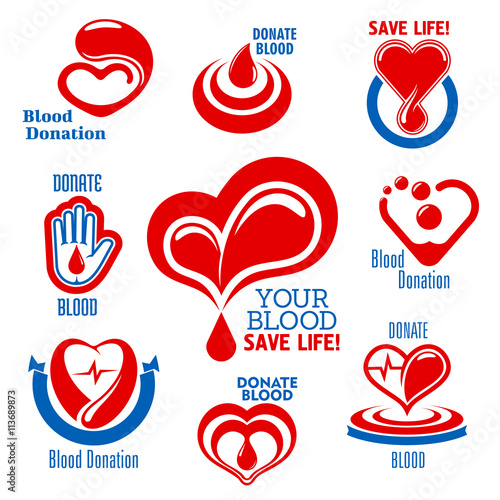 Hearts, blood drops, hand icons for medical design
