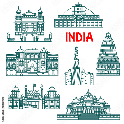 Architectural heritage of India linear icons photo