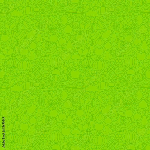 Green Thin Line Fruits Vegetables Seamless Pattern