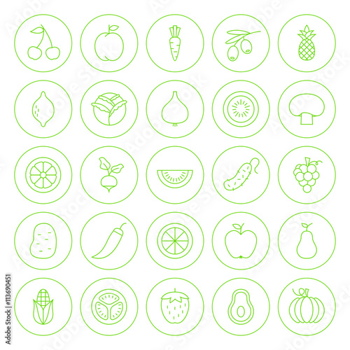 Line Circle Fresh Fruit Vegetable Icons Set