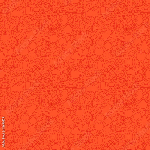Thin Line Red Healthy Eating Vegan Seamless Pattern