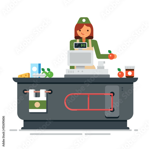 A young cashier woman standing in supermarket. Supermarket store counter desk equipment and clerk in uniform ringing up grocery purchases. Vector flat illustration isolated on white background.