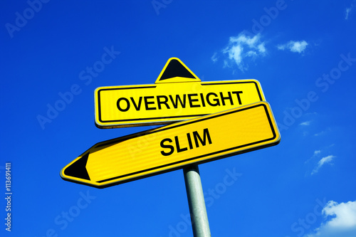 Overweight or Slim - Traffic sign with two options - decision to be care or not care about shape and weight of body - healthy diet, sporting, weight loss
