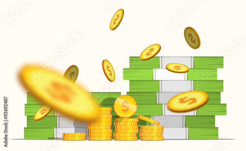 Stack pile of cash money banknotes and some blur gold coins. Coin Falls. Flat style cash money illustration.