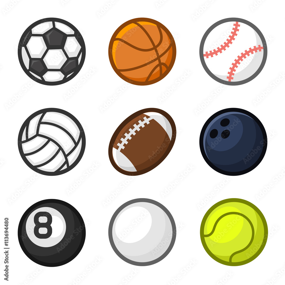 Sport Balls Cartoon Style Set on White Background. Vector