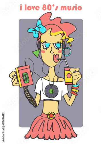 Cute, fashionable 80s style girl with walkman