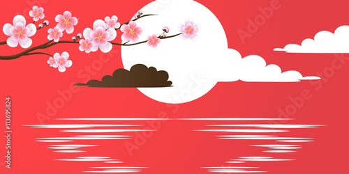 Branch of sakura with flowers on red. Cherry blossom branch against a decline. Sun setting on water. Vector