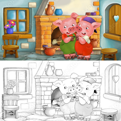 Fototapeta Cartoon scene of scared pigs inside the old house - with coloring page - illustration for children