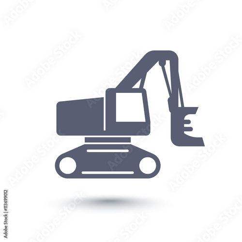 Forest harvester icon, track feller buncher, timber harvesting machine on white, vector illustration