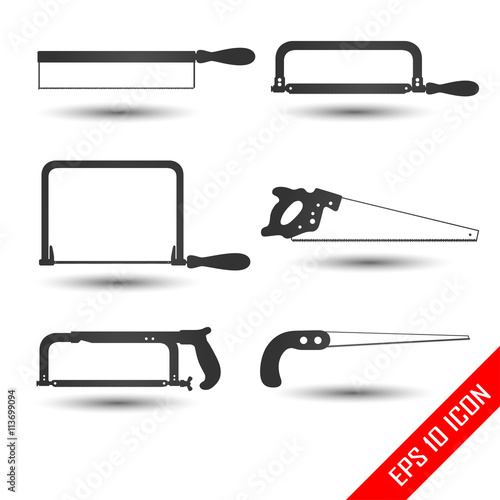 Hand saw icon. Set of silhouettes carpentry tools for sawing wood products. One-handed saws. Simple flat logo of saws. Vector illustration.