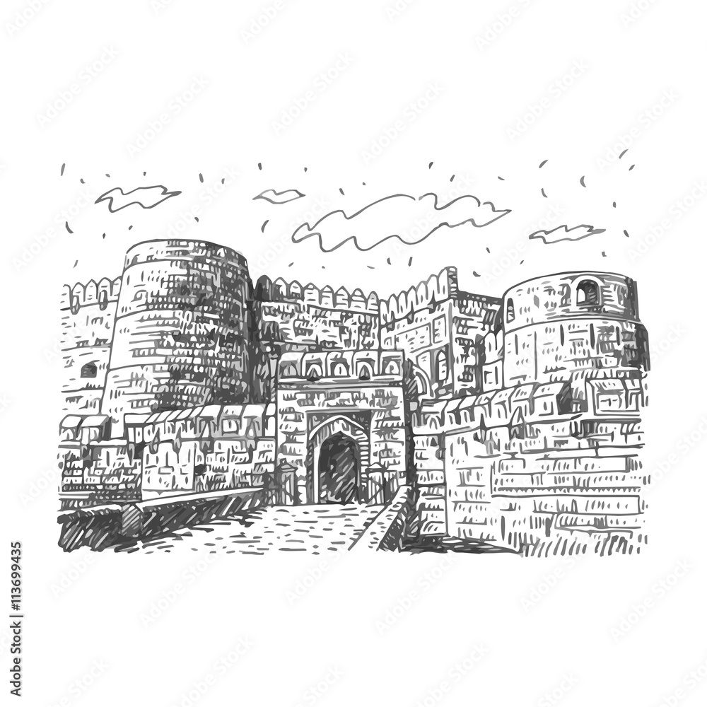 The Agra Fort, Agra, Uttar Pradesh, India. Vector freehand pencil sketch.