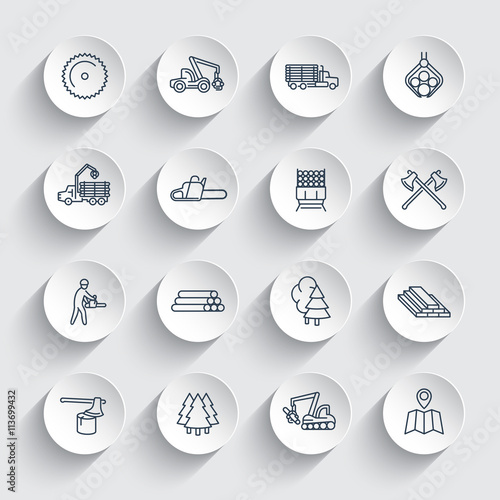 Logging line icons, sawmill, forestry equipment, logging truck, tree harvester, timber, wood, lumber, linear icons on round 3d shapes, vector illustration