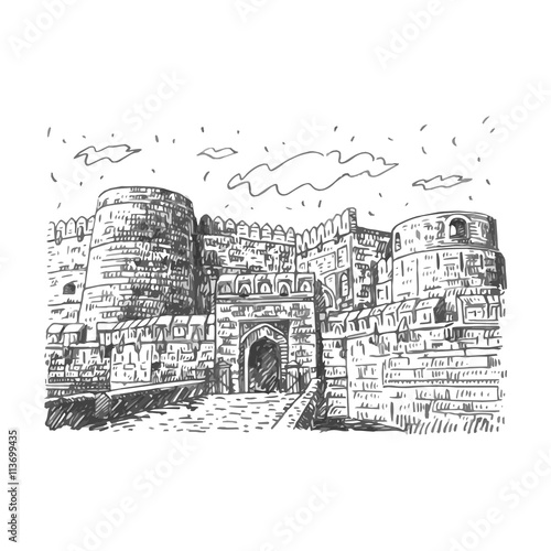 The Agra Fort, Agra, Uttar Pradesh, India. Vector freehand pencil sketch.