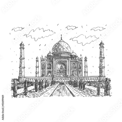 The Taj Mahal, Agra, India. Vector freehand pencil sketch.