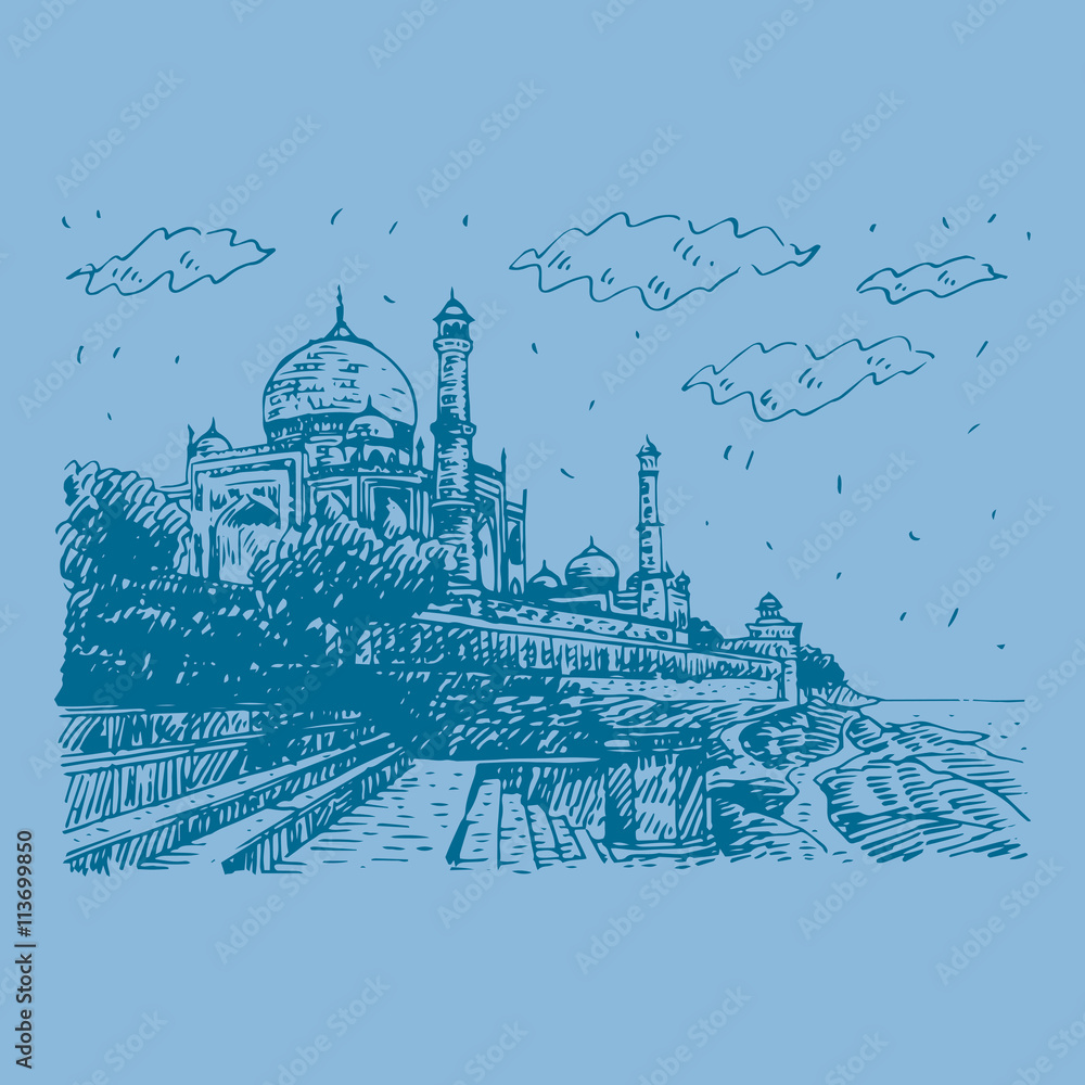 Side view of the Taj Mahal and Yamuna River. Agra, India. Vector freehand pencil sketch.