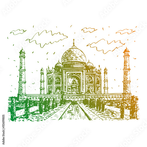 The Taj Mahal, Agra, India. Vector freehand pencil sketch.