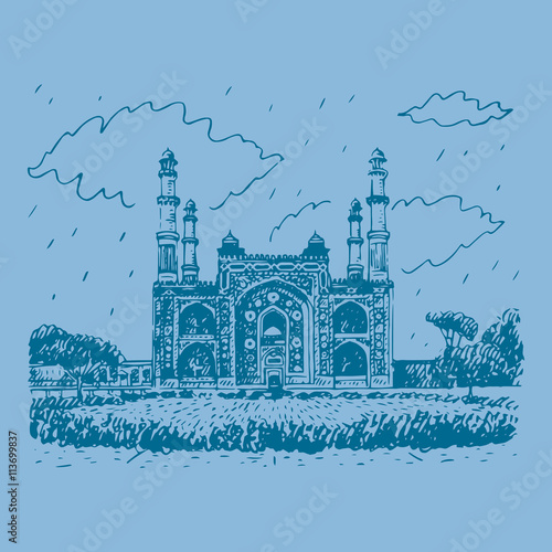Main Gate to the Akbar s Tomb in Sikandra  a suburb of Agra  Uttar Pradesh  India. Vector freehand pencil sketch.