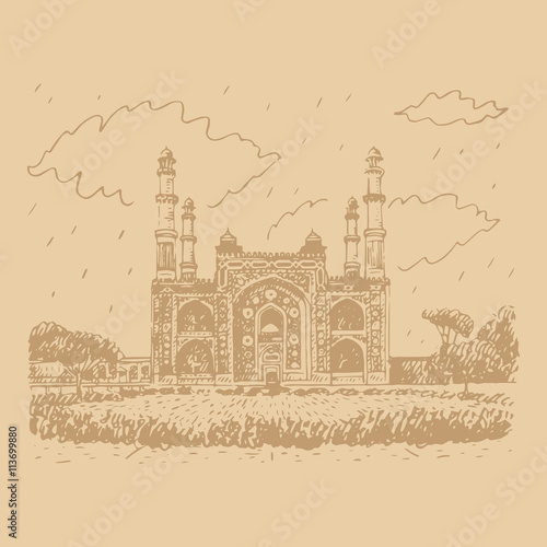 Main Gate to the Akbar's Tomb in Sikandra, a suburb of Agra, Uttar Pradesh, India. Vector freehand pencil sketch.