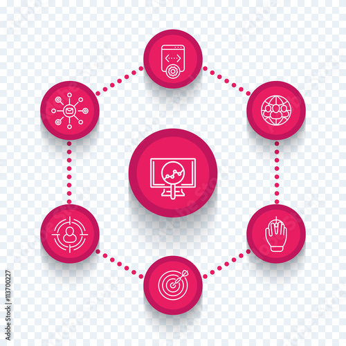 seo, search engine optimization, internet marketing, web page indexing, seo tools line icons, vector illustration