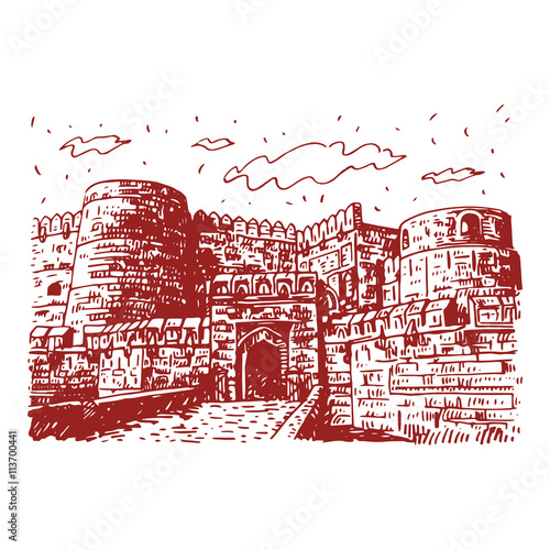 The Agra Fort, Agra, Uttar Pradesh, India. Vector freehand pencil sketch.
