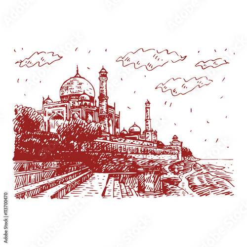 Side view of the Taj Mahal and Yamuna River. Agra, India. Vector freehand pencil sketch.