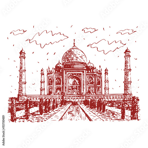 The Taj Mahal, Agra, India. Vector freehand pencil sketch.