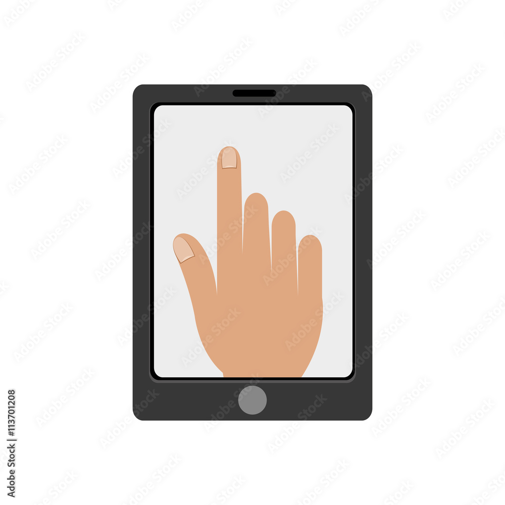 black electronic device with human hand on the screen over isolated background, vector illustration black electronic device with human hand on the screen over isolated background, vector illustration