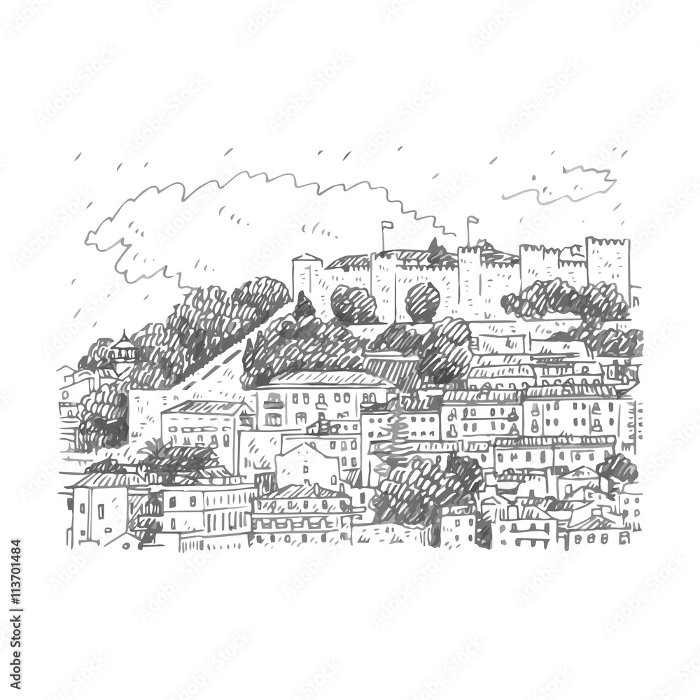 Cityscape of Lisbon, Portugal. View of Sao Jorge Castle at the top of the mountain. Vector freehand pencil sketch.