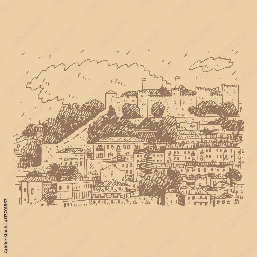 Cityscape of Lisbon, Portugal. View of Sao Jorge Castle at the top of the mountain. Vector freehand pencil sketch.