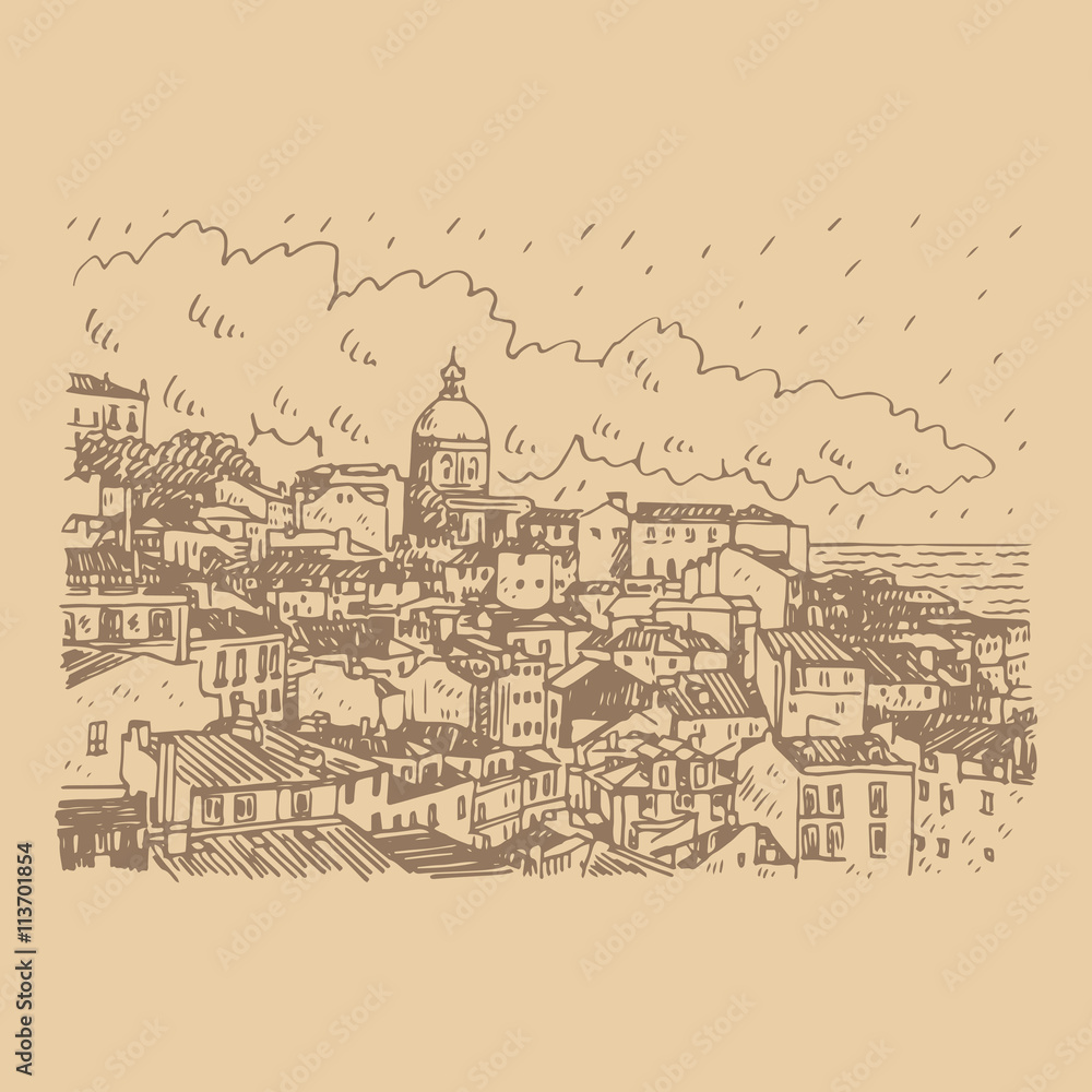 Cityscape of Lisbon, Portugal. View of Alfama, the oldest district of the city with the National Pantheon Dome. Vector freehand pencil sketch.