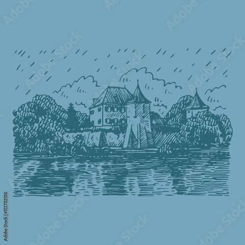 Blutenburg Castle in Munich, Germany. Vector hand drawn sketch.