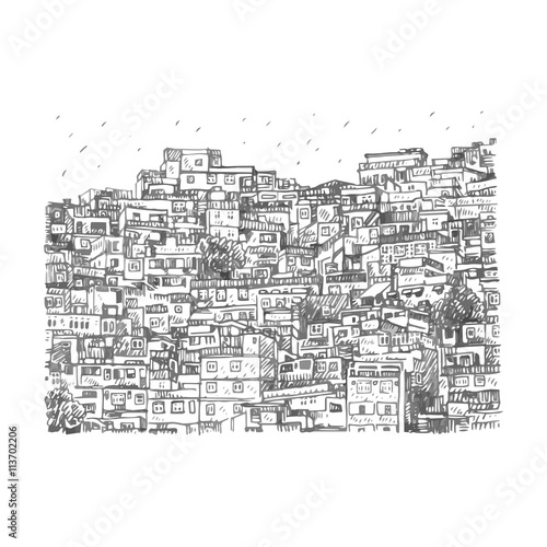 Favela, Brazilian slum in Rio de Janeiro, Brazil. Vector freehand pencil sketch. photo