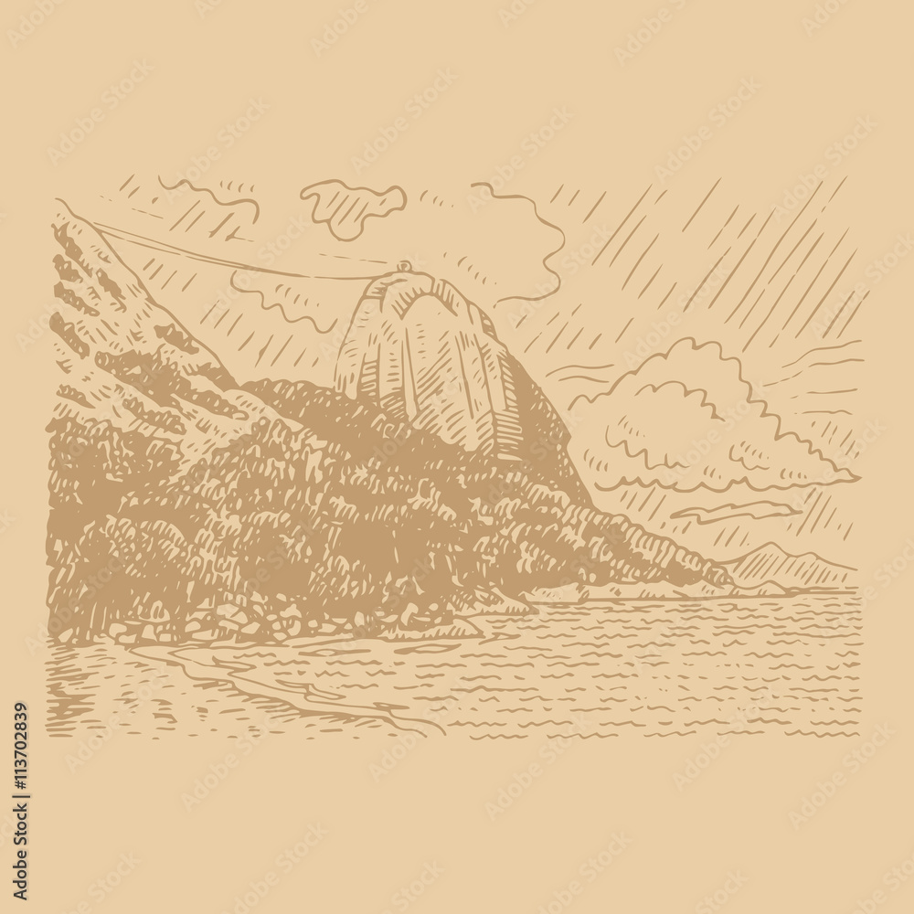 Naklejka premium The mountain Sugar Loaf and Guanabara bay in Rio de Janeiro, Brazil. Vector freehand pencil sketch.