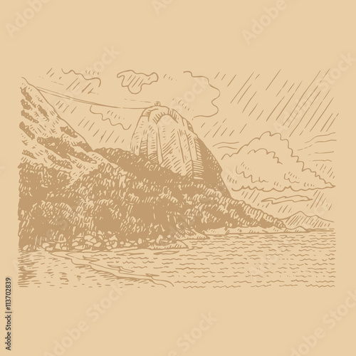 The mountain Sugar Loaf and Guanabara bay in Rio de Janeiro, Brazil. Vector freehand pencil sketch.
