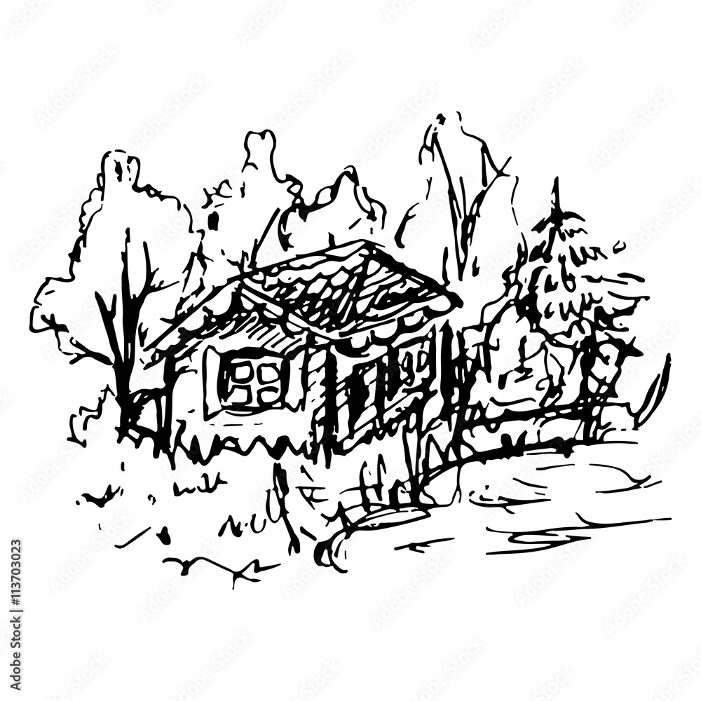 Fototapeta premium Black and white village house sketched line art vector