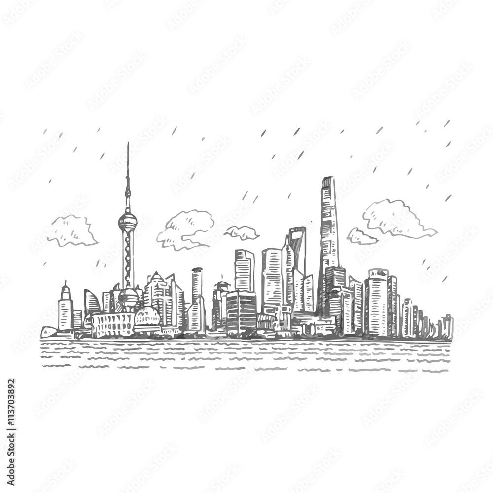 Shanghai skyline, China. Vector freehand pencil sketch.