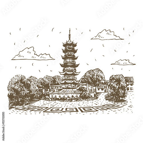 Old Longhua Pagoda in Shanghai, China. Vector freehand pencil sketch.