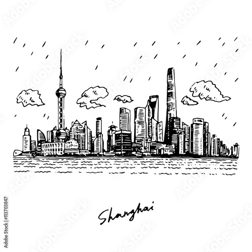 Shanghai skyline, China. Vector freehand pencil sketch.