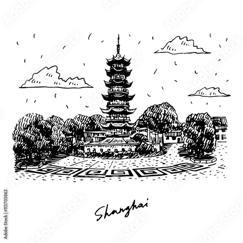 Old Longhua Pagoda in Shanghai, China. Vector freehand pencil sketch.