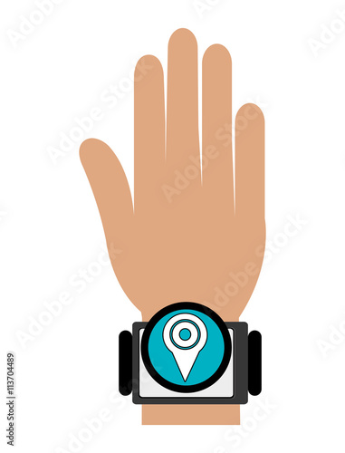 cartoon human hand weating black watch with blue circle and white location icon on the screen over isolated background, vector illustration 
