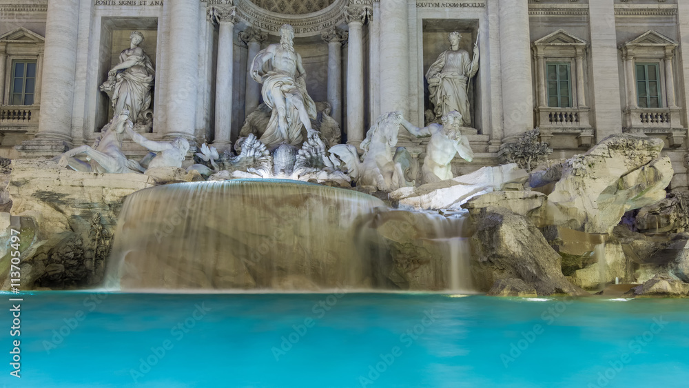 Close up of beautiful Trevi fountain at night, Rome, Italy