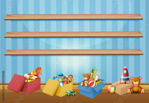 Empty shelves and toys on the floor