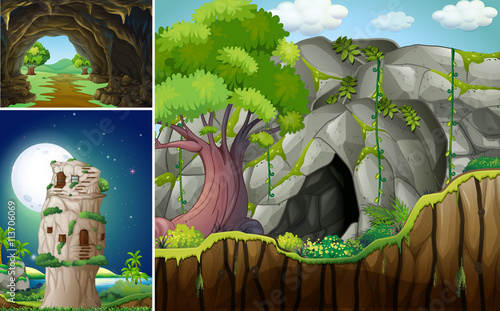 Three scenes with cave and mountain