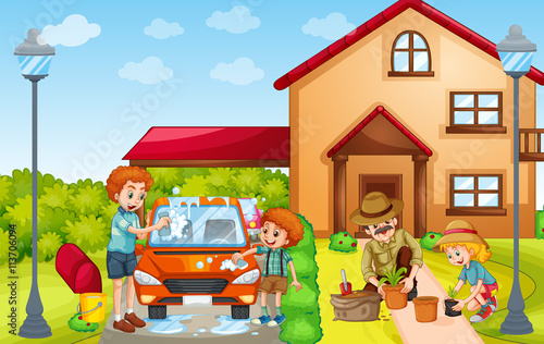 Kids and adult washing car and planting tree