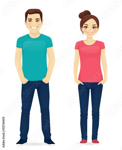 Young people in casual clothes. Cute man and girl isolated