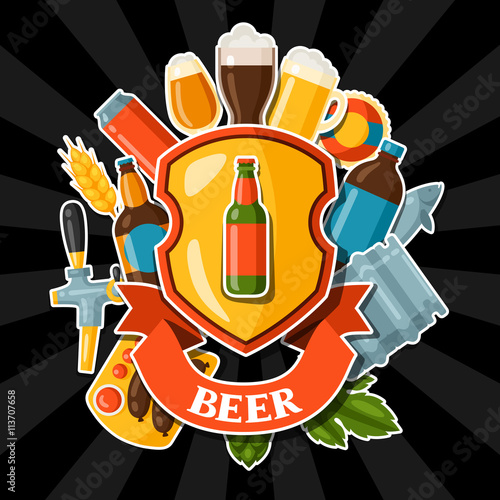 Background design with beer stickers and objects