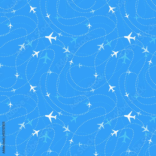 Airline routes with planes in blue skies, seamless pattern