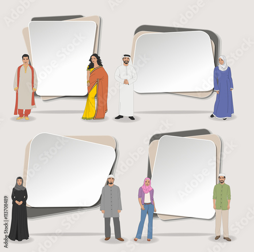 Vector banners / backgrounds with muslim people wearing traditional clothes. Design text box frames. 
