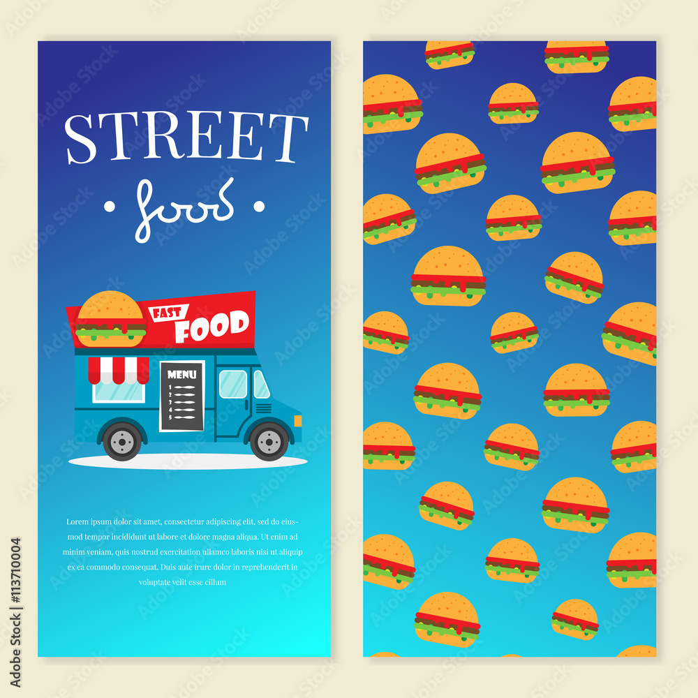 Street food truck vector illustration. burger van delivery. Flat banner